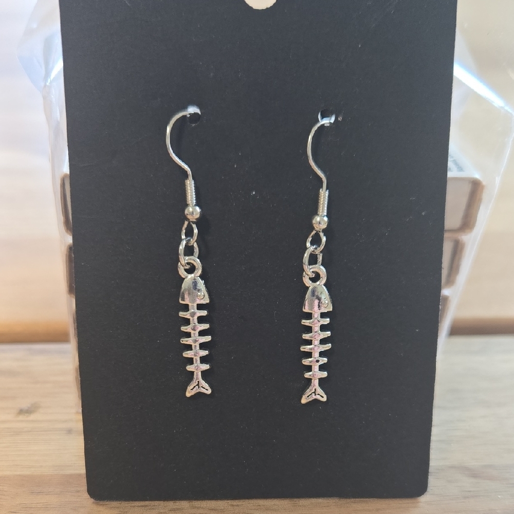 Silver Tone Fishbone Earrings